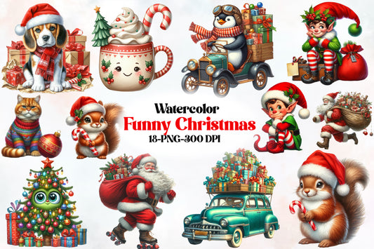 Watercolor Funny Christmas Clipart PNG Bundle | Cute Santa, Elf, Animals, Gifts & Holiday Designs