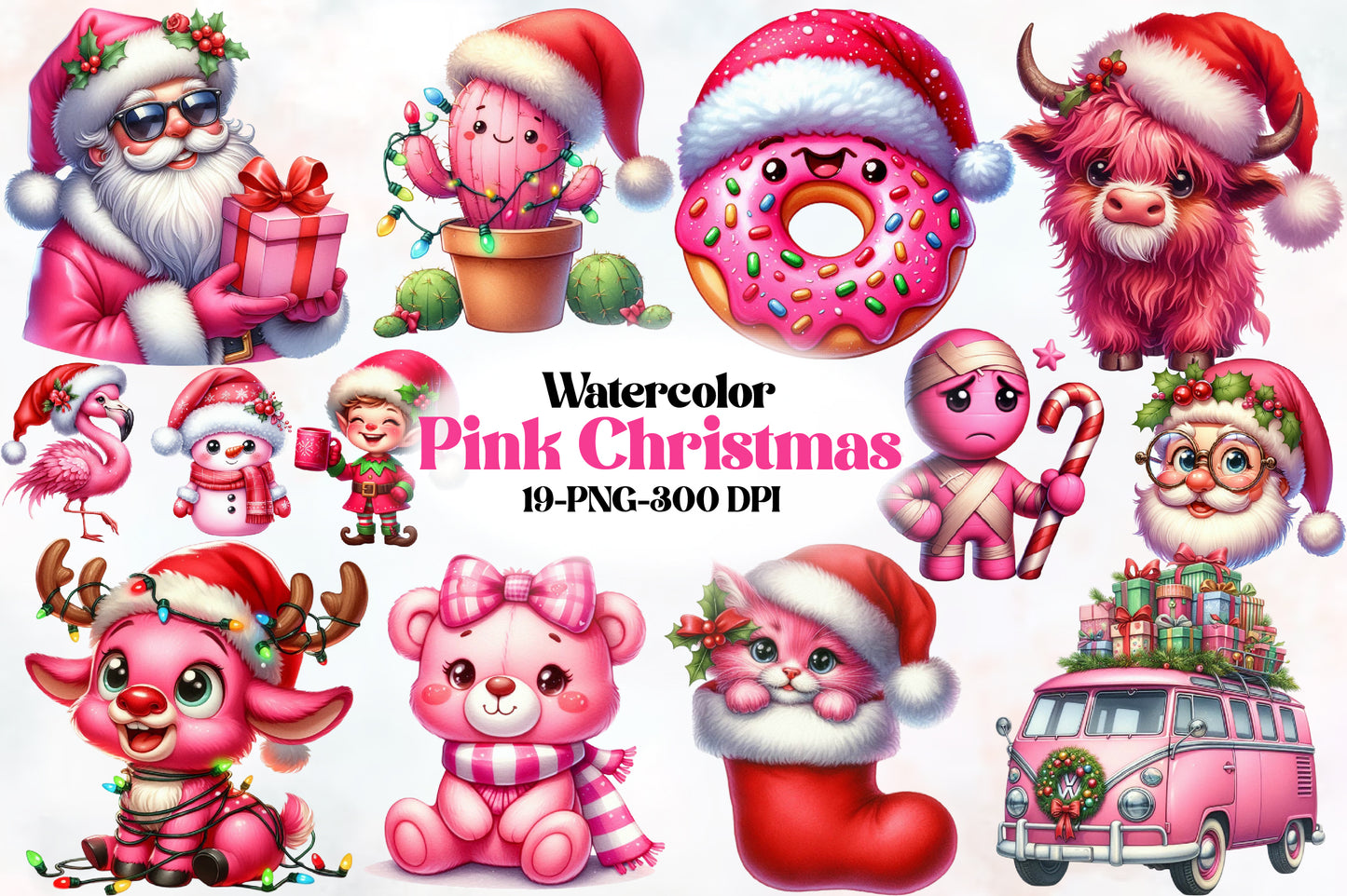 Pink Christmas Clipart PNG Bundle | Pink Santa, Donut, Cactus, Highland Cow, Teddy Bear, Cat & Cute Holiday Designs