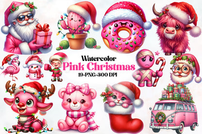Pink Christmas Clipart PNG Bundle | Pink Santa, Donut, Cactus, Highland Cow, Teddy Bear, Cat & Cute Holiday Designs