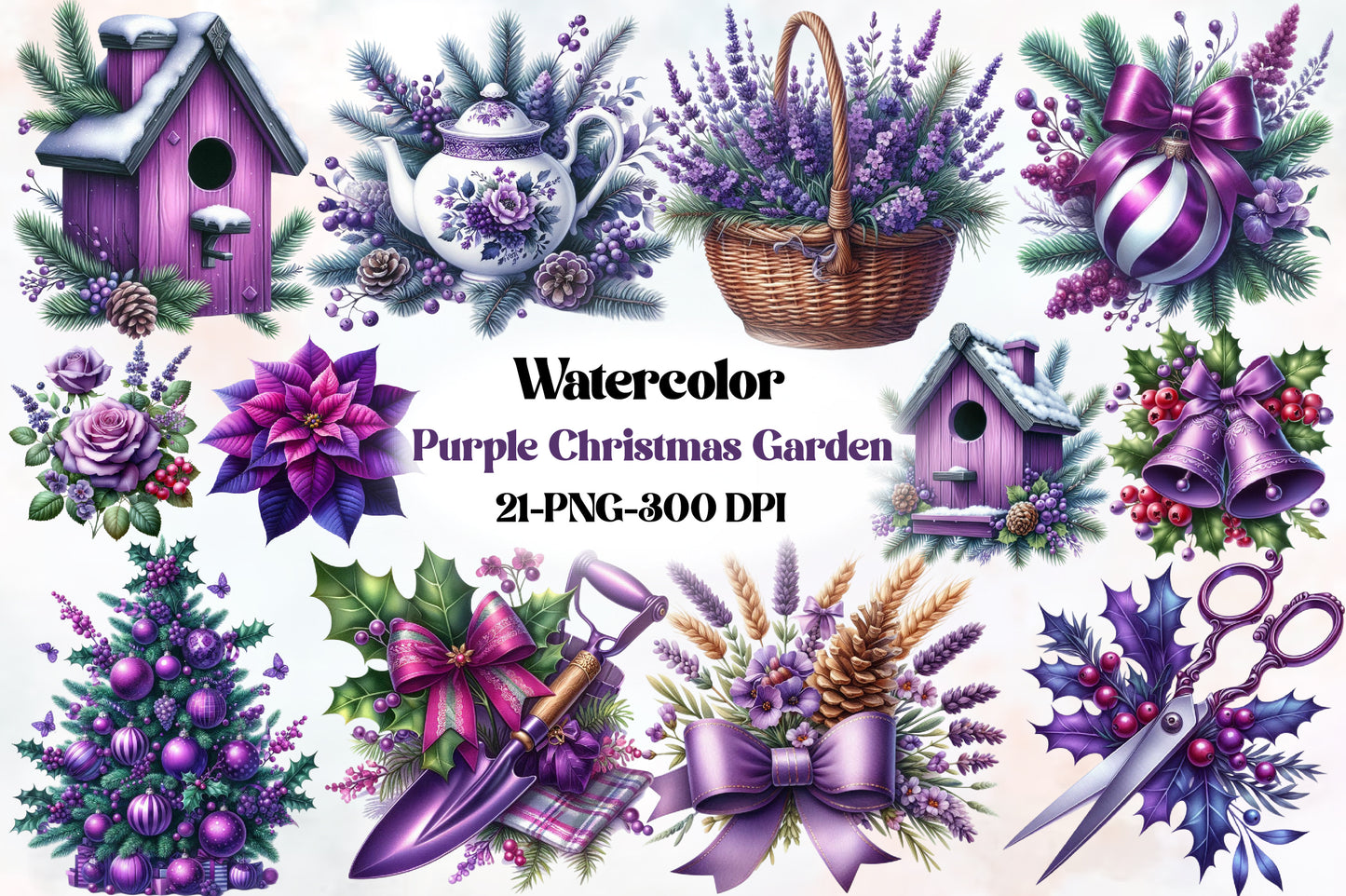 Purple Christmas Garden Clipart PNG Bundle | Lavender Flowers, Poinsettia, Birdhouse, Wreath & Holiday Botanical Designs