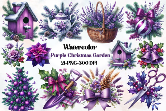 Purple Christmas Garden Clipart PNG Bundle | Lavender Flowers, Poinsettia, Birdhouse, Wreath & Holiday Botanical Designs