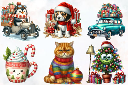 Watercolor Funny Christmas Clipart PNG Bundle | Cute Santa, Elf, Animals, Gifts & Holiday Designs