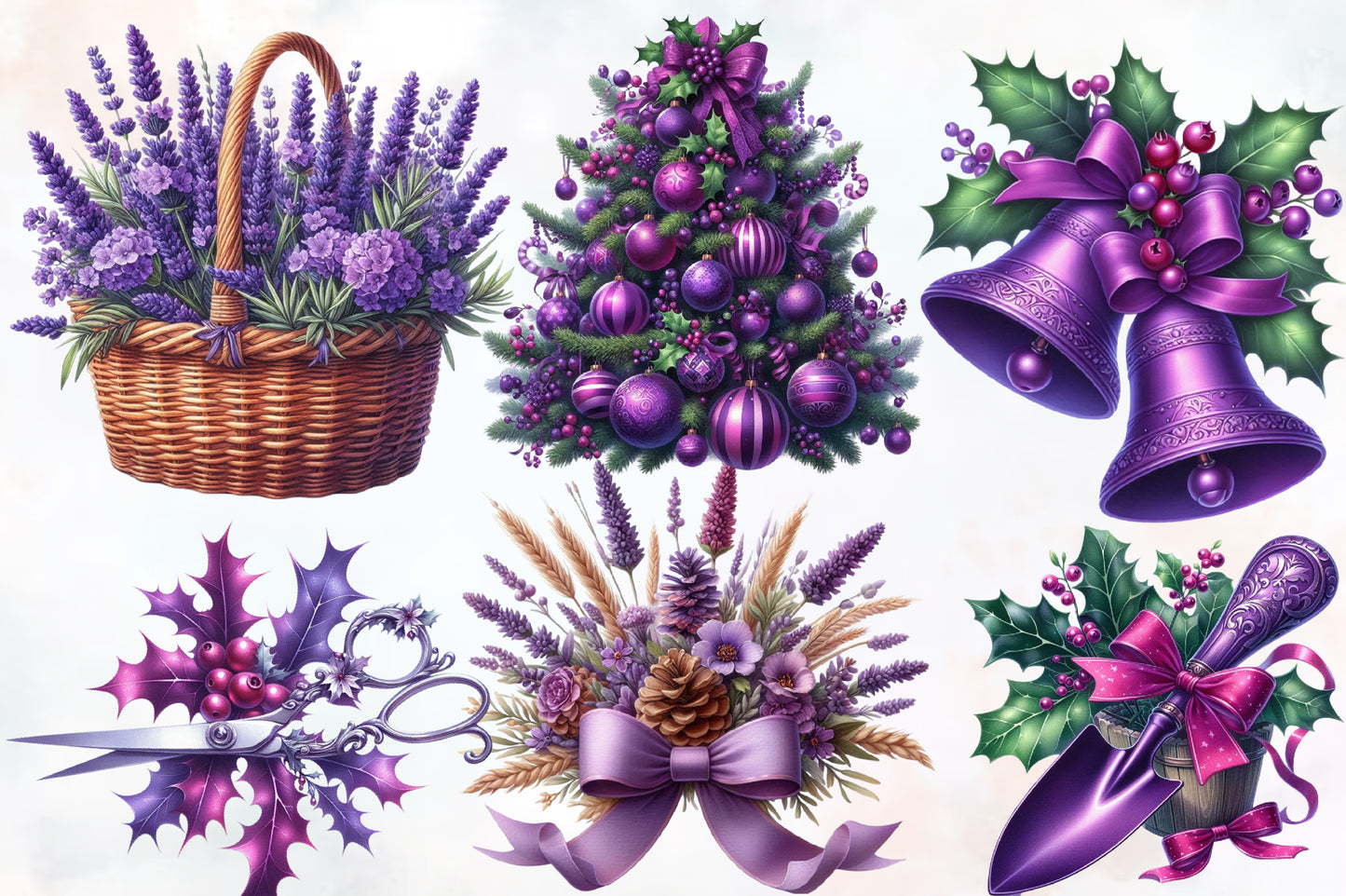 Purple Christmas Garden Clipart PNG Bundle | Lavender Flowers, Poinsettia, Birdhouse, Wreath & Holiday Botanical Designs