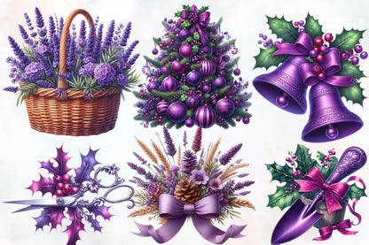 Purple Christmas Garden Clipart PNG Bundle | Lavender Flowers, Poinsettia, Birdhouse, Wreath & Holiday Botanical Designs