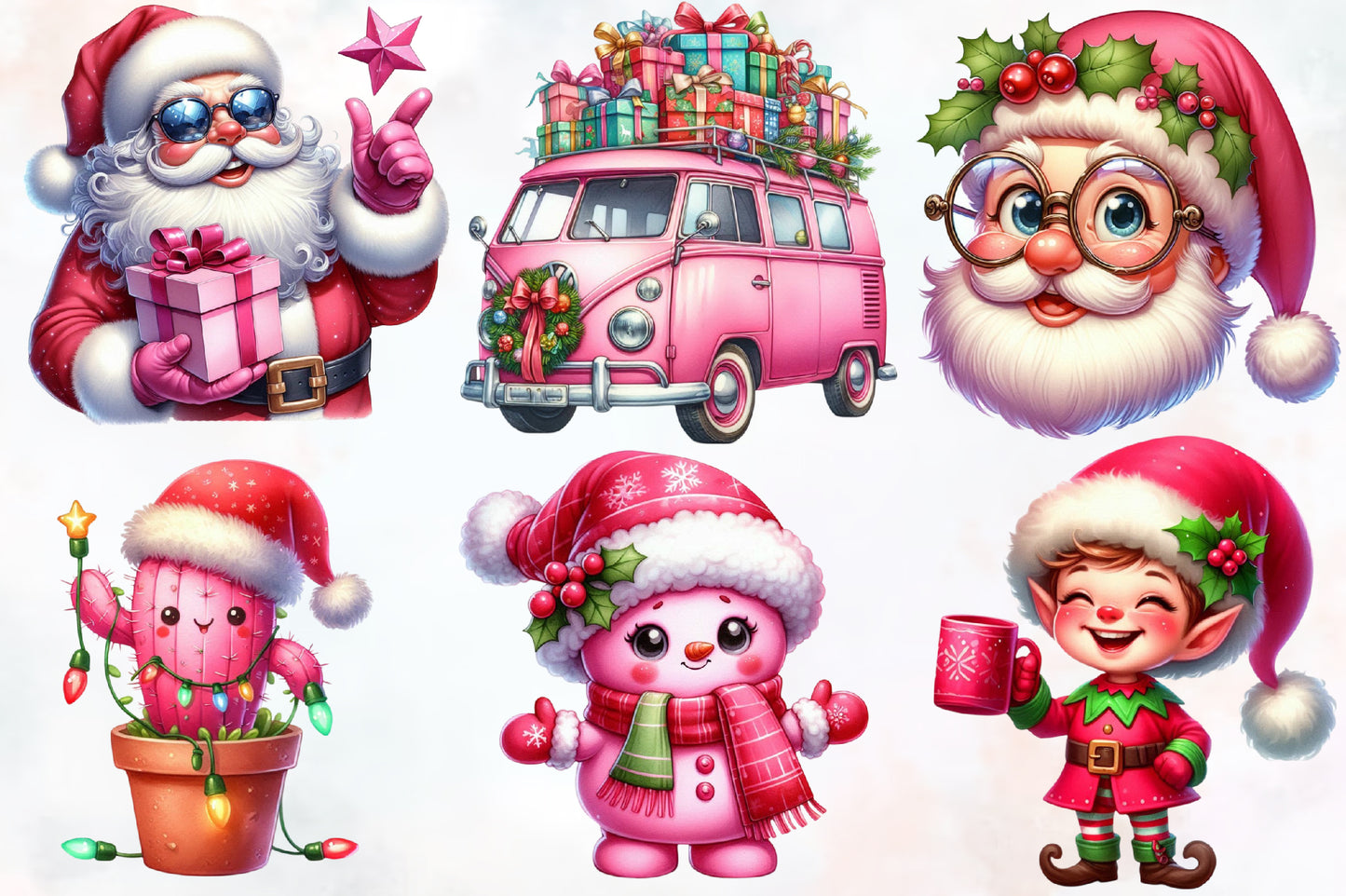 Pink Christmas Clipart PNG Bundle | Pink Santa, Donut, Cactus, Highland Cow, Teddy Bear, Cat & Cute Holiday Designs