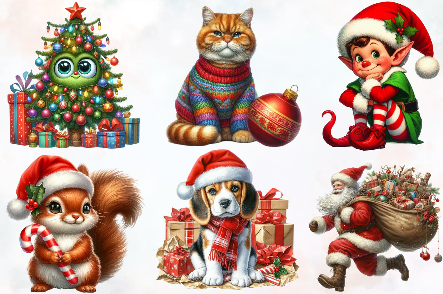 Watercolor Funny Christmas Clipart PNG Bundle | Cute Santa, Elf, Animals, Gifts & Holiday Designs