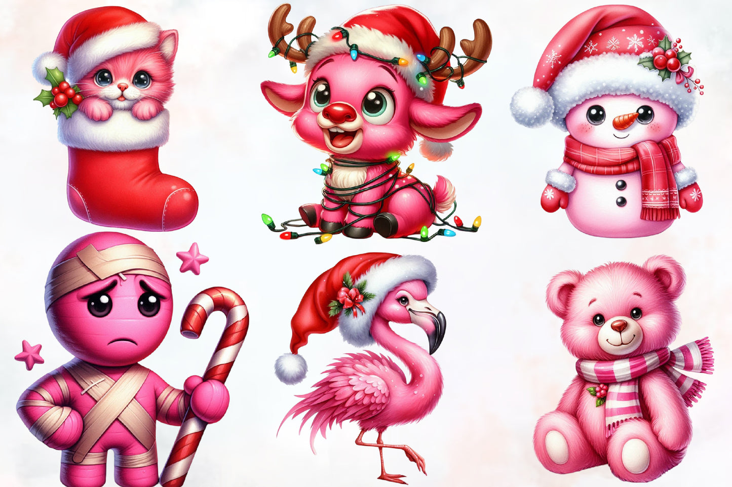 Pink Christmas Clipart PNG Bundle | Pink Santa, Donut, Cactus, Highland Cow, Teddy Bear, Cat & Cute Holiday Designs