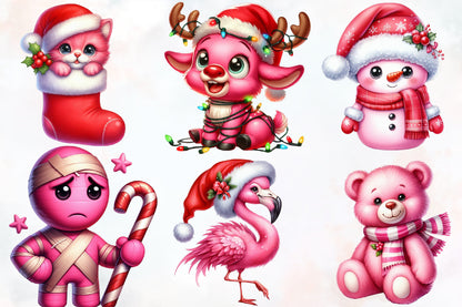 Pink Christmas Clipart PNG Bundle | Pink Santa, Donut, Cactus, Highland Cow, Teddy Bear, Cat & Cute Holiday Designs