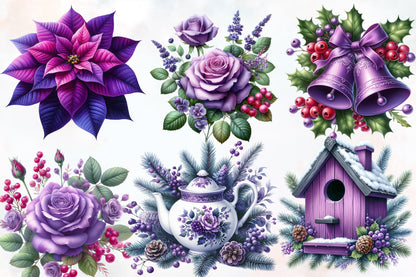 Purple Christmas Garden Clipart PNG Bundle | Lavender Flowers, Poinsettia, Birdhouse, Wreath & Holiday Botanical Designs
