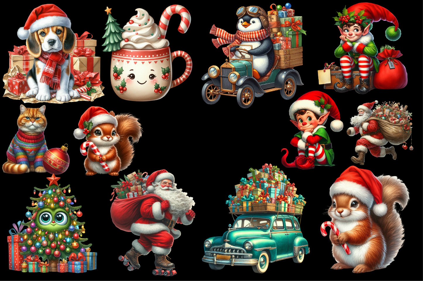 Watercolor Funny Christmas Clipart PNG Bundle | Cute Santa, Elf, Animals, Gifts & Holiday Designs