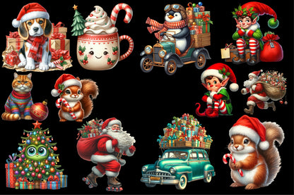 Watercolor Funny Christmas Clipart PNG Bundle | Cute Santa, Elf, Animals, Gifts & Holiday Designs