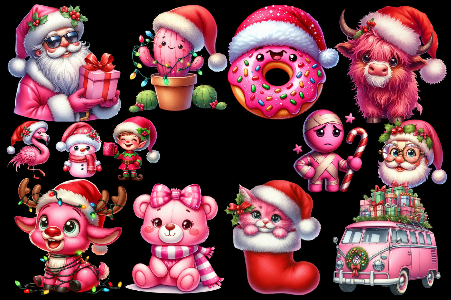 Pink Christmas Clipart PNG Bundle | Pink Santa, Donut, Cactus, Highland Cow, Teddy Bear, Cat & Cute Holiday Designs