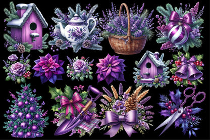 Purple Christmas Garden Clipart PNG Bundle | Lavender Flowers, Poinsettia, Birdhouse, Wreath & Holiday Botanical Designs
