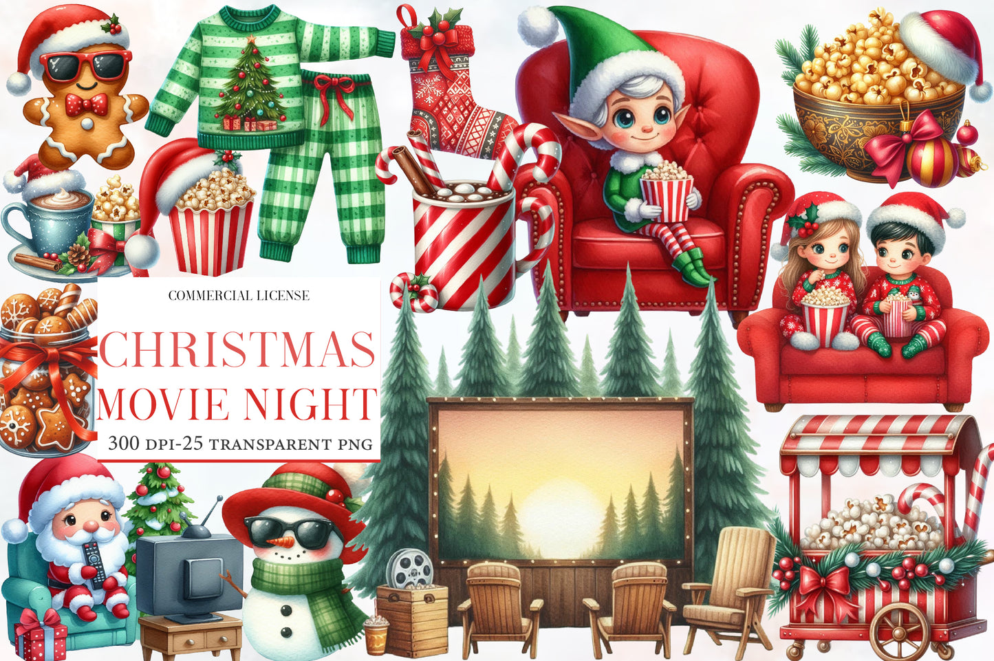 Christmas Movie Night Clipart PNG Bundle | Watercolor Cozy Christmas Movie Night Clipart | Holiday Cinema Sublimation PNG