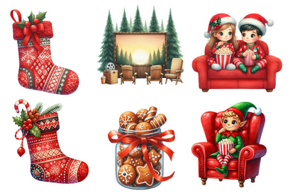 Christmas Movie Night Clipart PNG Bundle | Watercolor Cozy Christmas Movie Night Clipart | Holiday Cinema Sublimation PNG