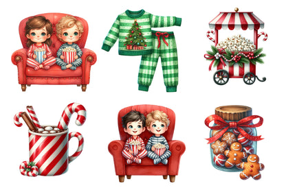 Christmas Movie Night Clipart PNG Bundle | Watercolor Cozy Christmas Movie Night Clipart | Holiday Cinema Sublimation PNG