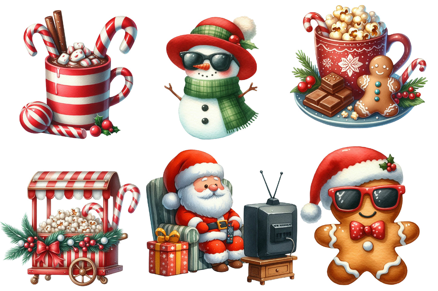 Christmas Movie Night Clipart PNG Bundle | Watercolor Cozy Christmas Movie Night Clipart | Holiday Cinema Sublimation PNG
