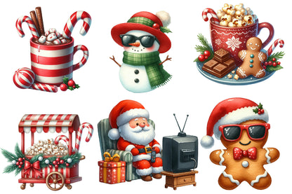 Christmas Movie Night Clipart PNG Bundle | Watercolor Cozy Christmas Movie Night Clipart | Holiday Cinema Sublimation PNG
