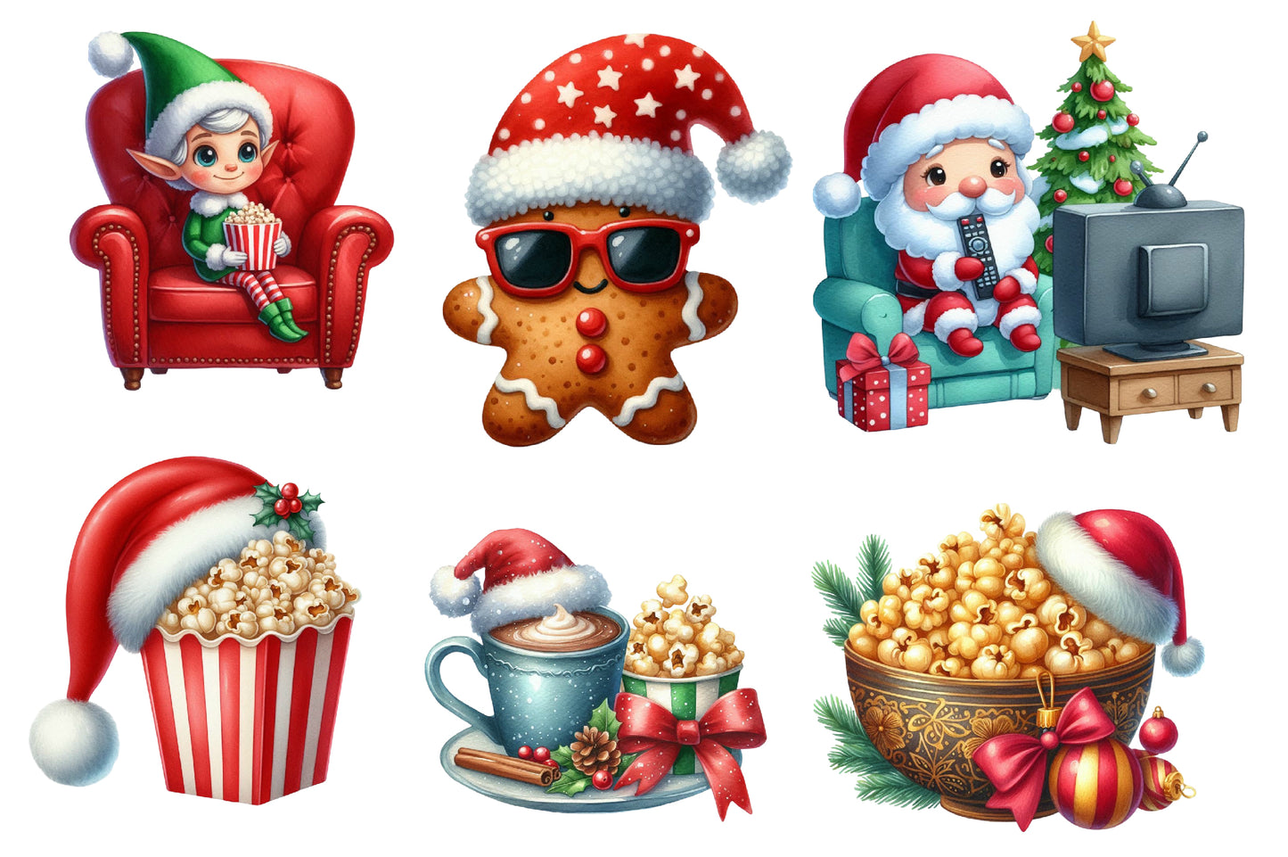 Christmas Movie Night Clipart PNG Bundle | Watercolor Cozy Christmas Movie Night Clipart | Holiday Cinema Sublimation PNG