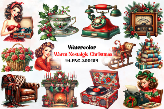 Warm Nostalgic Christmas Clipart PNG Bundle | Vintage Girl, Record Player, Radio, Fireplace, Sleigh & Holiday Designs