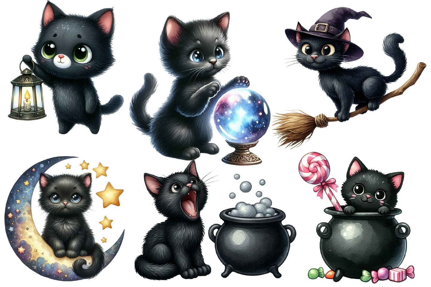 Watercolor Halloween Black Cats Clipart PNG Bundle | Cute Witch Cat PNG, Spooky Black Cat Clipart