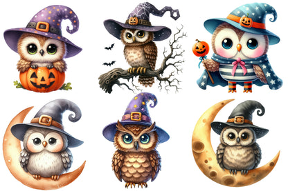 Watercolor Halloween Witch Owl Clipart PNG Bundle | Cute Owl Witch PNG