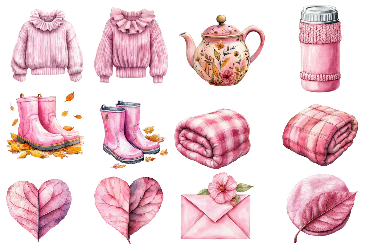 Watercolor Pink Coquette Autumn Clipart Bundle 42 PNG