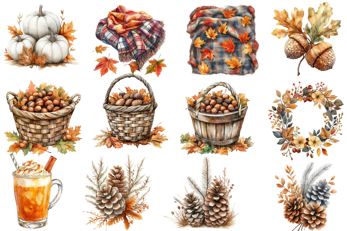 Watercolor Neutral Autumn Clipart Bundle Cozy Fall Woodland PNG