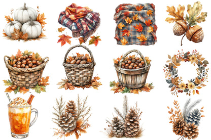Watercolor Neutral Autumn Clipart Bundle Cozy Fall Woodland PNG