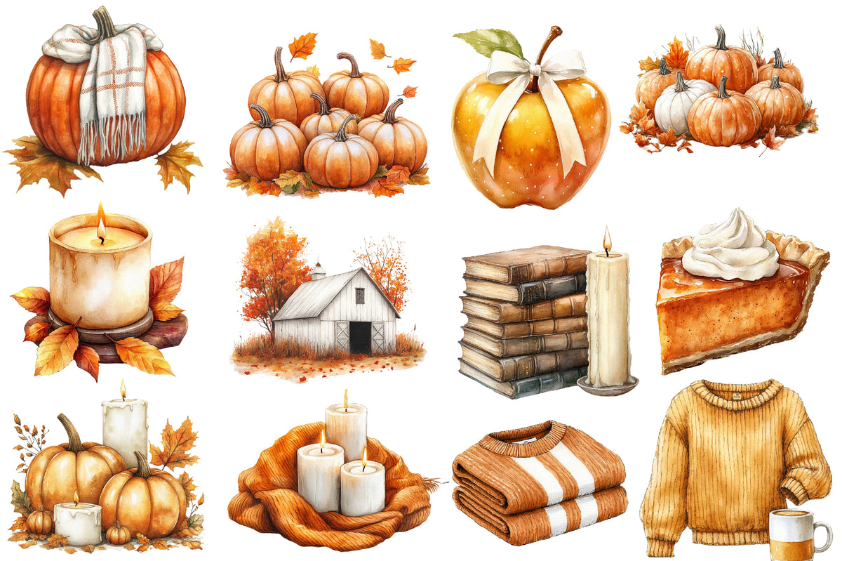 Watercolor Cozy Fall Clipart Bundle Autumn Caramel & White PNG