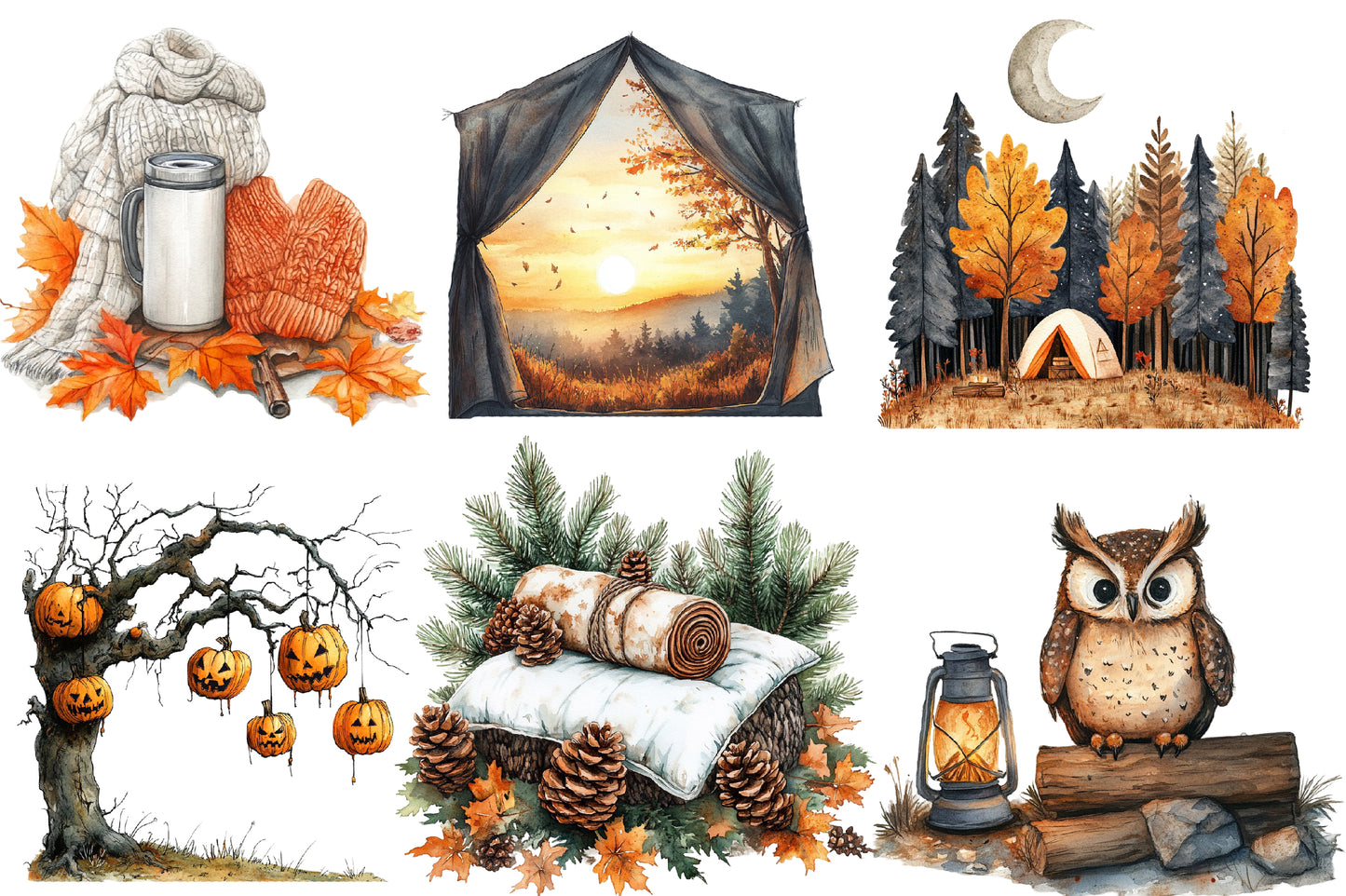 Autumn Camping Trip Clipart PNG Bundle | Watercolor Cozy Fall Camping Clipart | Rustic Campfire Adventure PNG