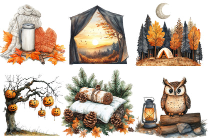 Autumn Camping Trip Clipart PNG Bundle | Watercolor Cozy Fall Camping Clipart | Rustic Campfire Adventure PNG