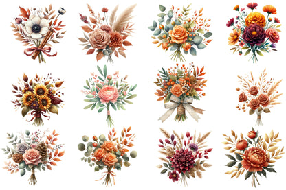 Watercolor Autumn Wedding Flowers Clipart Bundle Fall Floral PNG