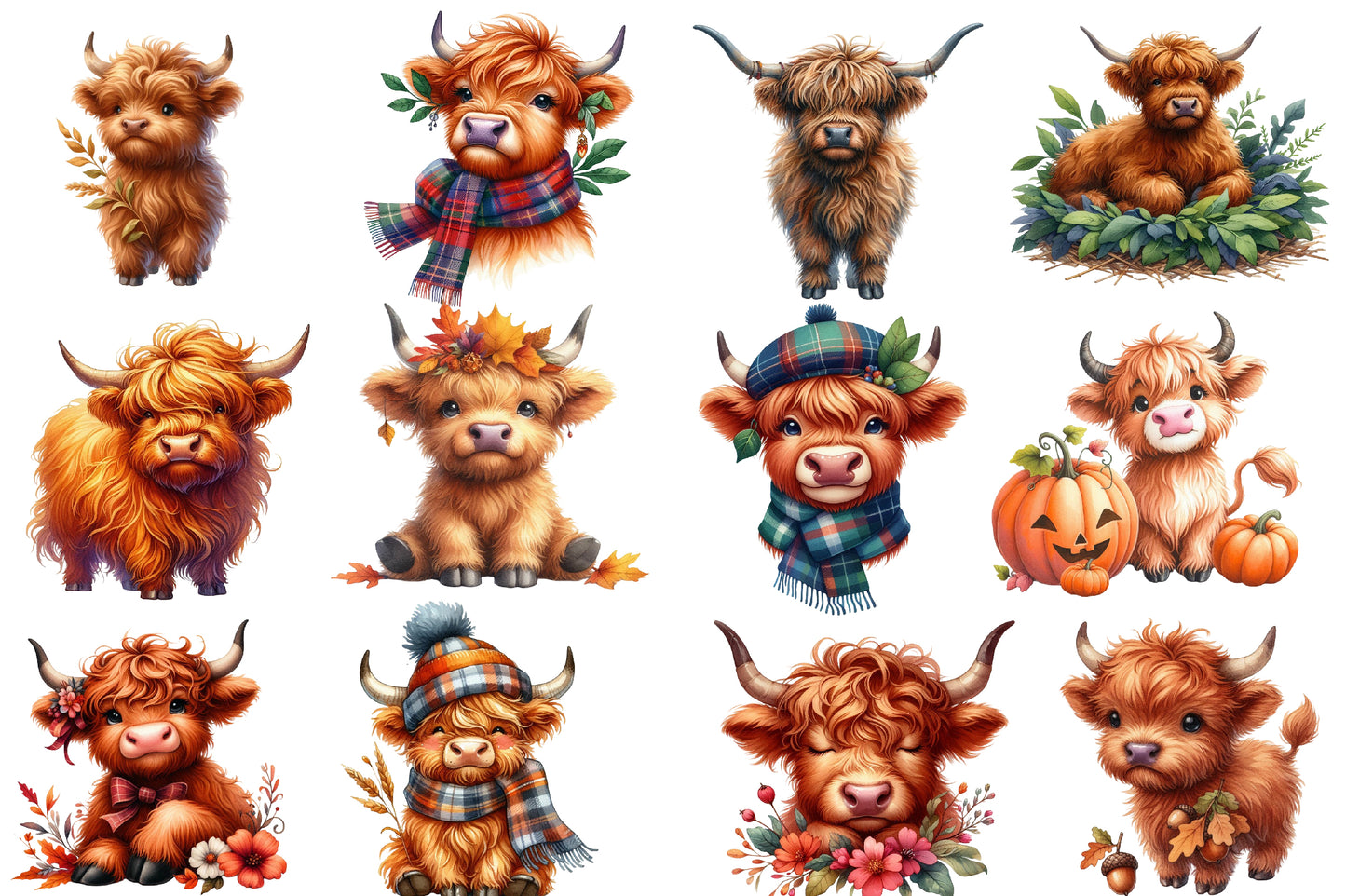 Watercolor Autumn Highland Cow Clipart PNG Bundle | Fall Highland Cow Clipart | Rustic Cow Sublimation PNG