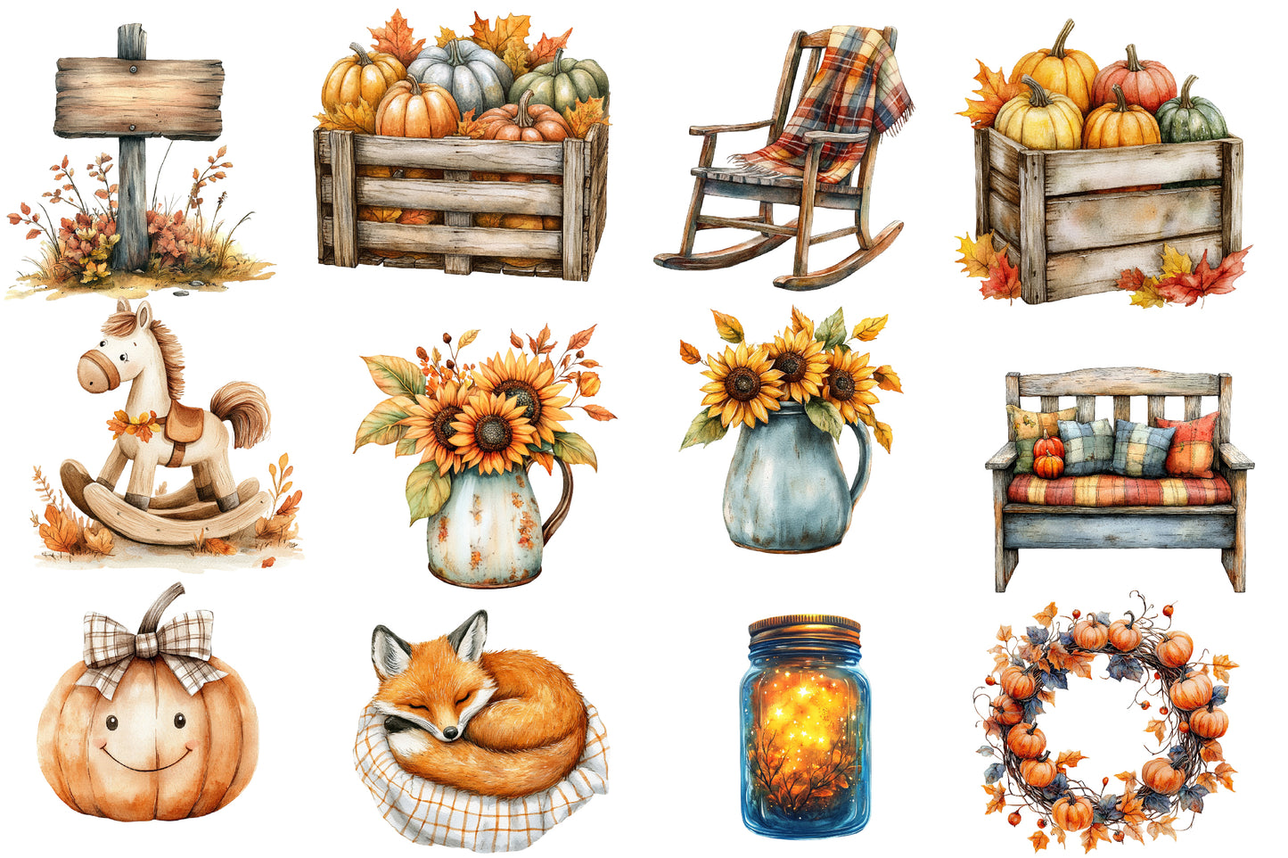 Watercolor Nursery Autumn Farmhouse Clipart Bundle 32 PNG