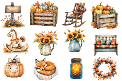 Watercolor Nursery Autumn Farmhouse Clipart Bundle 32 PNG
