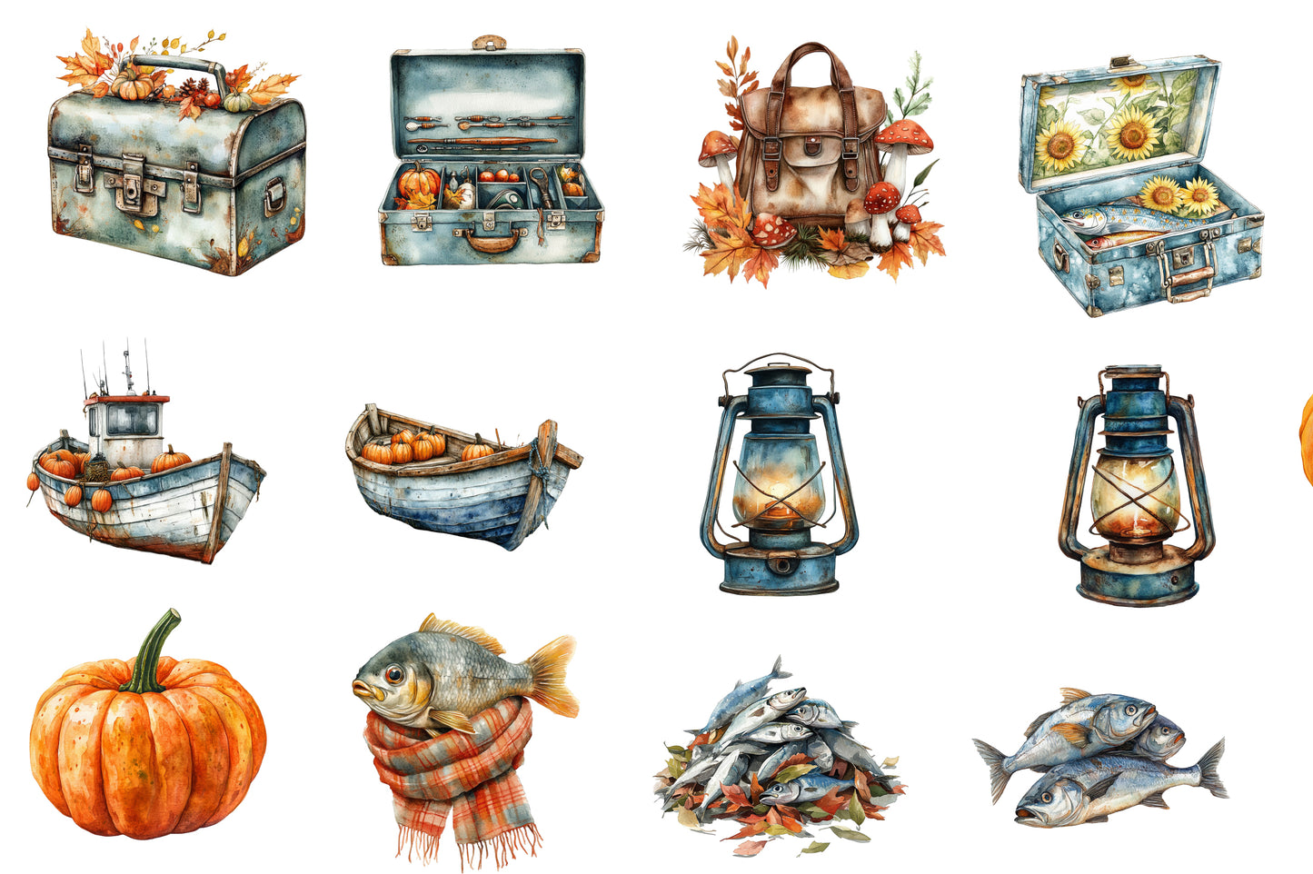 Watercolor Fall Fishing Clipart Bundle 37 PNG