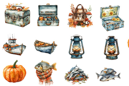 Watercolor Fall Fishing Clipart Bundle 37 PNG