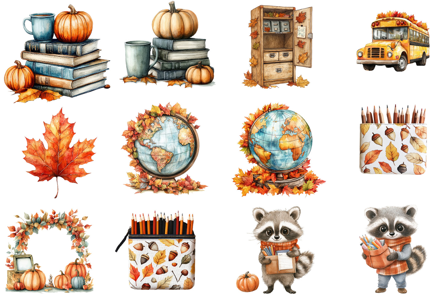 Autumn Back to School Clipart PNG Bundle | Watercolor Fall School Clipart | Cute School Supplies & Autumn PNG