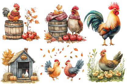 Watercolor Fall Chicken Clipart Bundle Farmhouse Autumn PNG