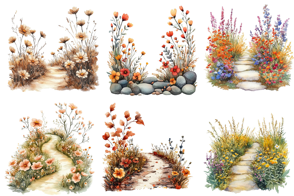 Watercolor Fall Wildflower Pathway Clipart Bundle 27 PNG