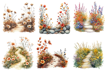 Watercolor Fall Wildflower Pathway Clipart Bundle 27 PNG