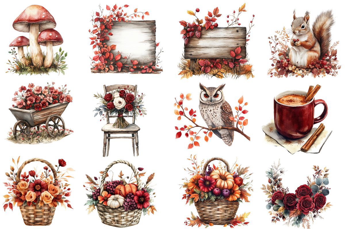 Watercolor Burgundy Autumn Clipart Bundle Fall Harvest PNG Collection