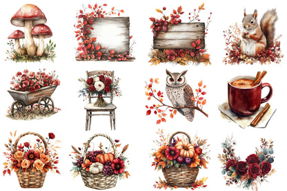 Watercolor Burgundy Autumn Clipart Bundle Fall Harvest PNG Collection