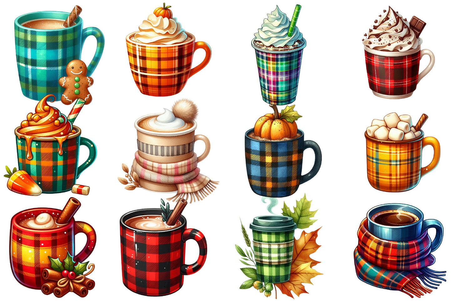 Watercolor Autumn Plaid Coffee Cup Clipart Bundle Cozy Fall PNG