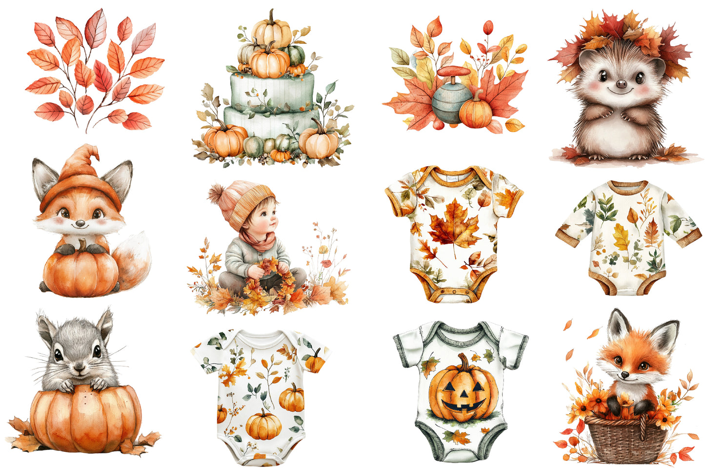Autumn Baby Shower Clipart PNG Bundle | Watercolor Fall Baby Shower Clipart | Boho Pumpkin Baby PNG
