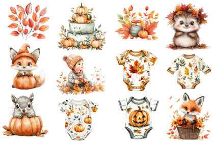 Autumn Baby Shower Clipart PNG Bundle | Watercolor Fall Baby Shower Clipart | Boho Pumpkin Baby PNG