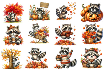 Watercolor Autumn Raccoon Clipart Bundle Cute Fall Raccoon PNG