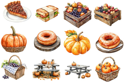 Watercolor Fall Picnic Sublimation Clipart Bundle 48 PNG
