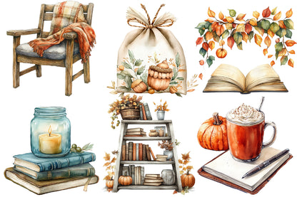 Watercolor Fall Reading Nook Clipart Bundle 23 PNG
